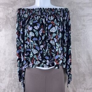 We The Free Off Shoulder Top Womens Size XS Black‎ Floral Long Sleeve Boho